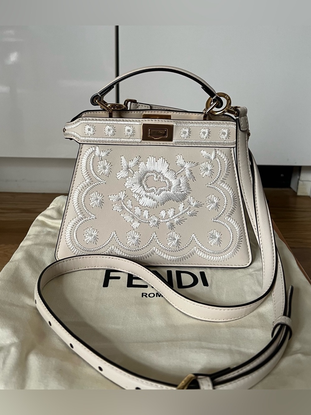 Fendi Cream Embroidered Mini Peekaboo Satchel